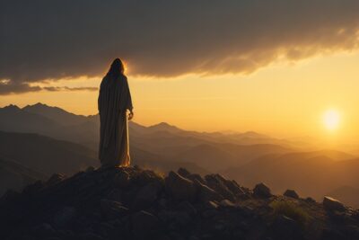 jesus de espaldas mirando el atardecer