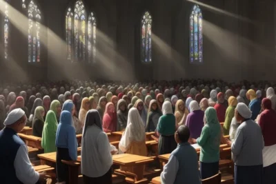 grupo de personas con la cabeza cubierta orando dentro de una iglesia la luz se filtra por los vitraux