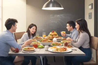 familia cristiana feliz compartiendo una mesa llena de alimentos, imagen de la abundancia compartida con los seres queridos