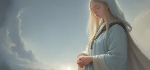 imagen de la virgen maria en recogimiento con un cielo azul palido de fondo