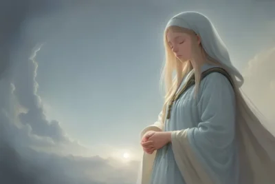 imagen de la virgen maria en recogimiento con un cielo azul palido de fondo