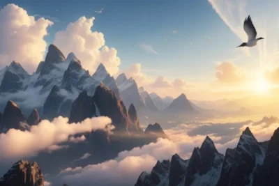 hermoso paisaje de picos nevados nubes y aves en vuelo