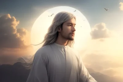 imagen de un monaco de largos cabellos blancos con un cielo luminoso de fondo