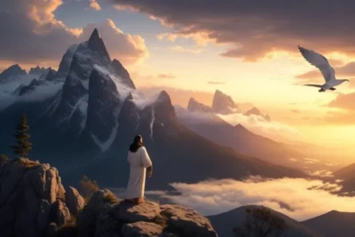 jesus mirando desde lo alto de una montana un hermoso paisaje en el amanecer